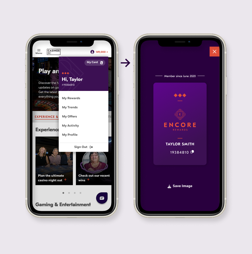 Mobile screens of flow from opening digital card through the global navigation.
